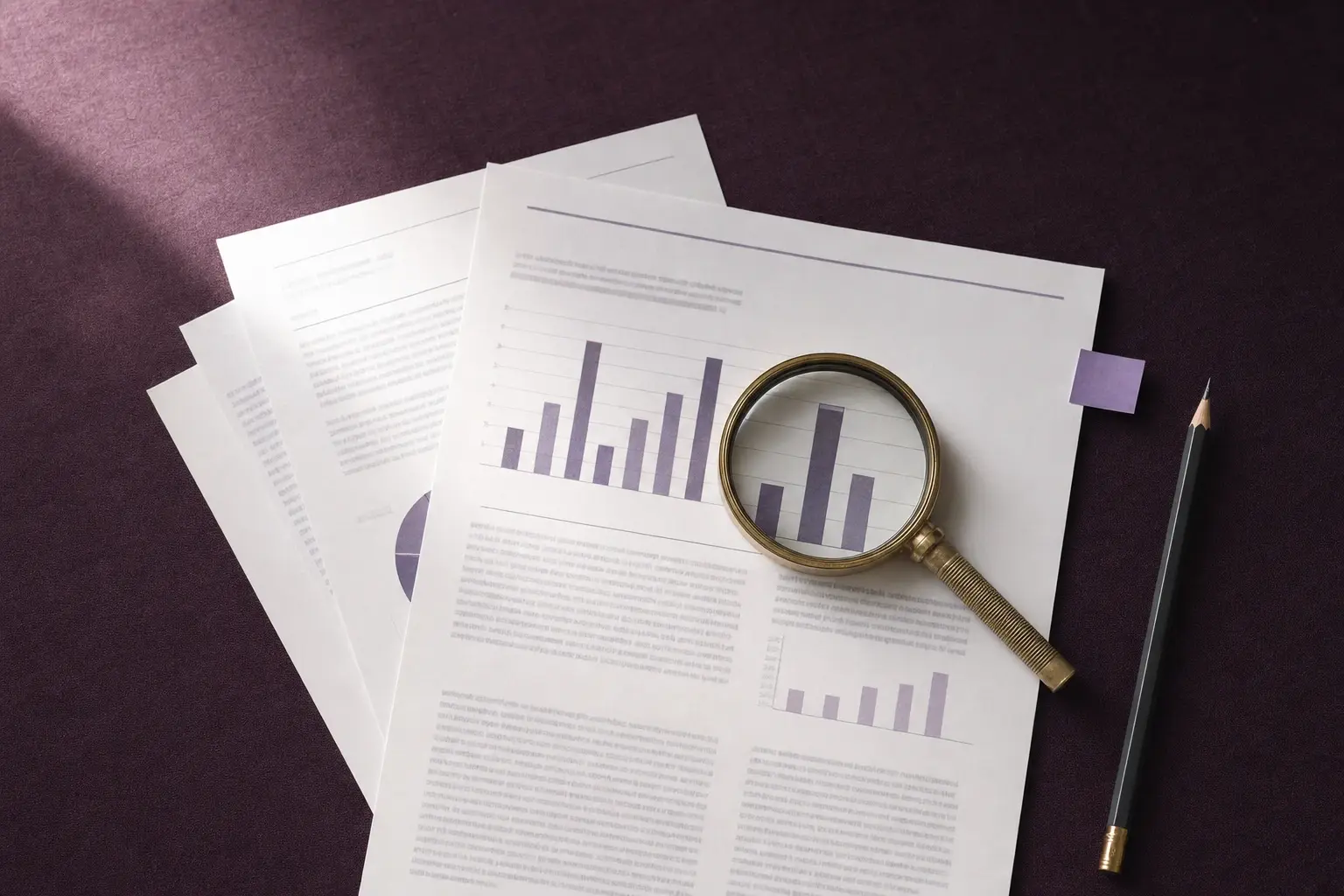 A magnifying glass resting on the bar chart of a printed market report.